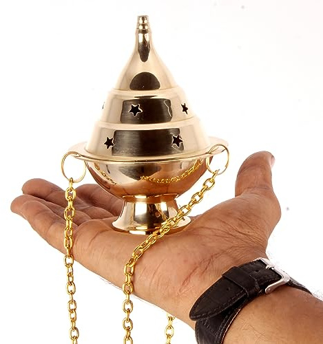 Brass Hanging Incense Censer with Chain for Charcoal, 4.5 Inch High