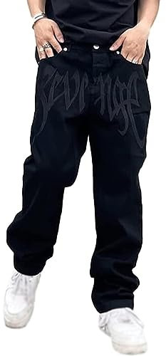 CzooM Herren Baggy Jeans Y2K Streetwear Skateboard Jeanshosen Stickerei Vintage Jeans Hip Hop Style Breite Hosen (Color : Black, Size : S)