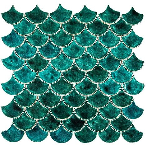 Cerames carreaux de céramique en forme d'écailles de poisson Emerald Cove - Un ensemble de décoratifs carreaux pour la salle de bain et la cuisine de la série Eau paquet de 49 carreaux