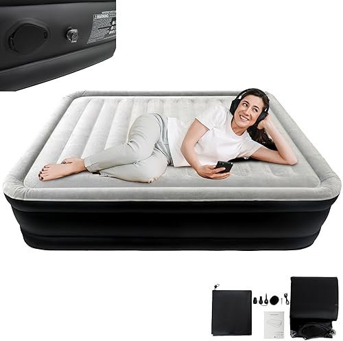 LARS360 Luftmatratze Selbstaufblasend Gästebett Aufblasbare Matratze mit Luftpumpe, 195 x 152 x 46 cm Geeignet für 2 Person, Luftbett inkl.Tragetasche für Camping/zu Hause, Bis 300kg Schwarz Grau