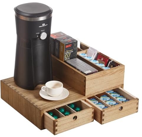 KIRIGEN Wood Coffee Pod Holder for Nespresso Vertuo Capsule Pods & Dolce Gusto Pods Capsule Drawer Organizer for Home & Bar Coffee Machine Stand with Coffee Station Organizer (KFJ-DBR)