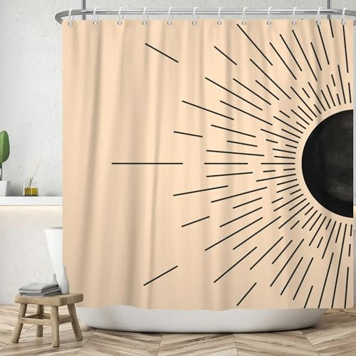 ASDCXZ Boho Duschvorhang 180x220 cm, Modern Abstrakt Kunst Boho Style Schwarz Sonne Linie Khaki Bad Waschbar Duschvorhänge Polyester Textil Wasserdicht Badevorhang für Badewanne mit 12 Haken