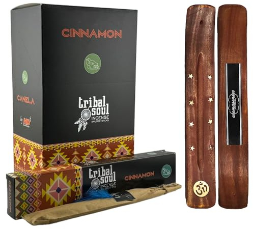 Aromasenses.- Tribal Soul Zimt-Räucherstäbchen – 12 Schachteln mit je 16 Gramm – ausgezeichnetes Aroma und Qualität + 1 Aromasenses-Tablette (Zimt)