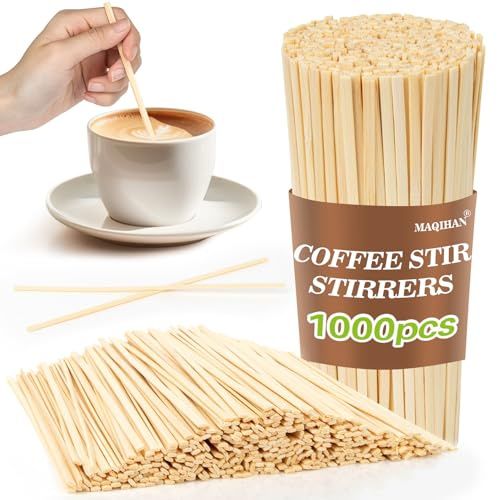 MAQIHAN 1000pcs Sip Stirrers - Bamboo Coffee Stir Sticks Disposable Hot Drink Beverage Stirring Swizzle Stir Sticks For Coffee, Milk, Juice, Cocktail, Chocolate, Suit For Party, Bar 5.5 Inch Square