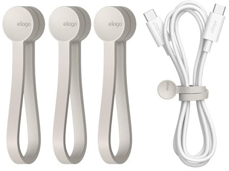 elago Reusable Magnetic Cable Ties, Premium Silicone, Multipurpose Cord Organiser for Home, Kitchen, Office, Travel [3 Pack] (Stone)