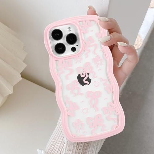 QLTYPRI für iPhone 12 Hülle, für iPhone 12 Pro Transparent Handyhüllee Aesthetic Curly Case mit Schleife Frauen Mädchen Süßes Wellen Design Silikon TPU Bumper Schutzhülle - Rosa/Rosa
