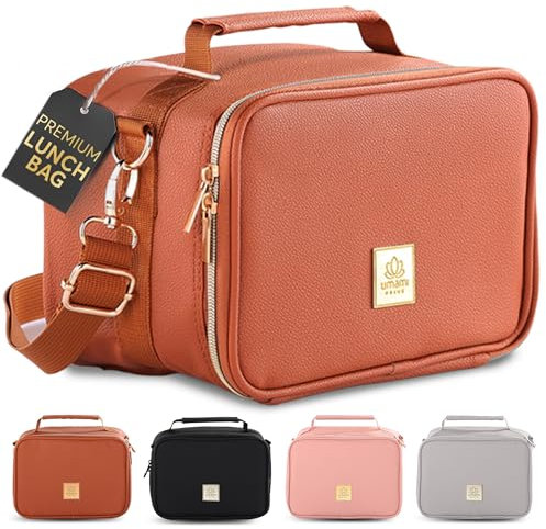 Umami Premium Kühltasche Klein, Lunchbag für Arbeit, Reisen, Büro, Picknick, Mini-Lunchbag Isoliert aus veganem Leder, Faltbare Lunchtasche, Kleine Kühltasche, Isoliertasche 4L, Braun