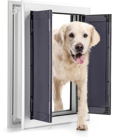Qeelko Aluminum Pet Door with Panels,Durable Dog Door with Automatic Closing Magnetic Flaps, Slide-in Panel & 4 Security Locks, Ideal for Interior and Exterior Doors, Screen and Wall, Medium, Sliver