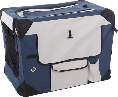 Flamingo Transportkäfig Geronimo blau 52x70x52cm - Verstärkter und Faltbarer Rahmen - Herausnehmbarer Boden - Aufrollbare Vorhänge, 3 Staufächer und mit Möglichkeit für eine Trinkflasche