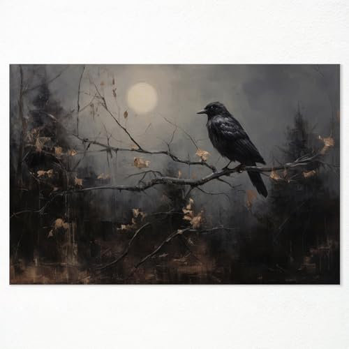 Ogyormpi Leinwandbild, Vintage-Halloween-Wandkunst, gruseliger Vollmond-Spukwald, Hexenkunst, gruselige seltsame Hexe, schwarze Krähen-Dekorationen, 30,5 x 40,6 cm, ungerahmt
