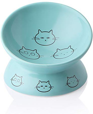 Sweejar Home Ceramic Raised Cat Bowls, Slanted Cat Dish Food or Water Bowls, Elevated Porcelain Pet Feeder Bowl Protect Cat's Spine, Stress Free, 140ml, Backflow Prevention (Turquoise)