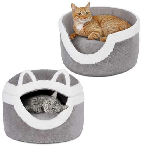 Ownpets 3-in-1 Katzenbett Höhle - Abnehmbares Schlafkissen für Indoor, Winter, Warm - Mit Weichem Kaninchenhaar für Katzen Bis 7.7kg, Grau
