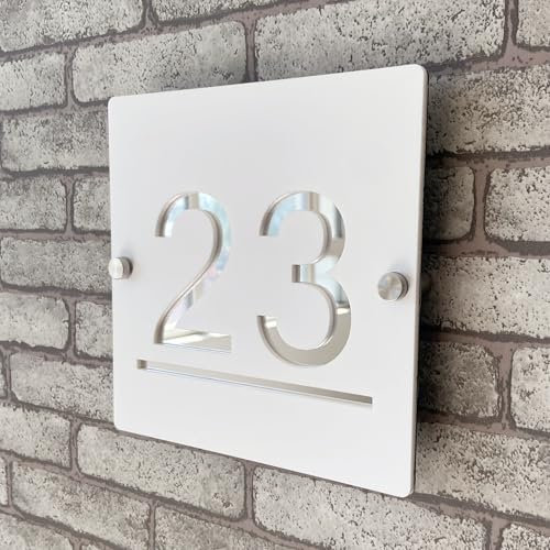 Plaque de numéro de maison personnalisable 3D en acrylique blanc et argenté avec adresse, plaque de porte intérieure et extérieure idéale pour maison, hôtel, appartement, magasin
