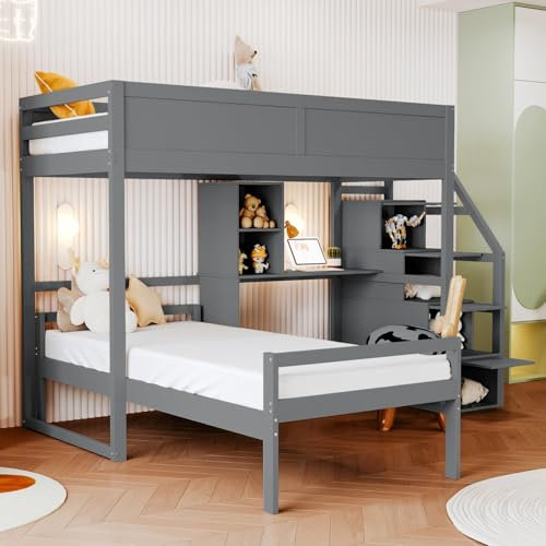 PUGSDRLY Lit Superposé Enfant 90x200cm,Lit Mezzanine Enfant 2 Places,Lit Superposé Adolescent avec Bureau et échelle de Rangement,Sommier à Lattes,Cadre en Bois Massif (Gris)