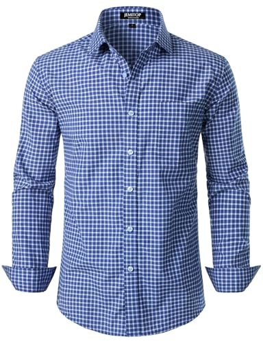 JEMITOP Men's Transitional Weather Long Sleeve Slim Fit Button Down Shirts Business Casual Button up Plaid Dress Shirt Blue Gingham L