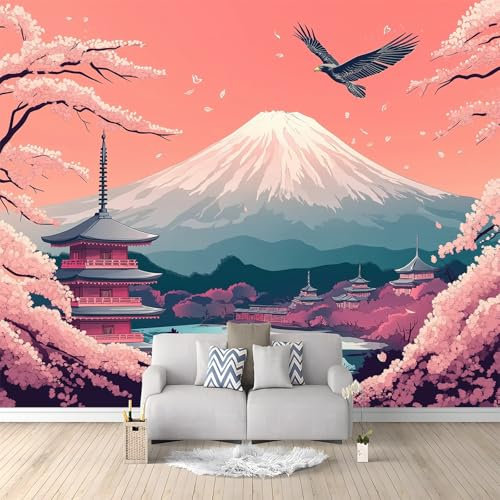 Tapete Rosa Fototapete - Orientalische traditionelle Kirschblütenpagode Motiv 3d Effekt Wanddekoration Wohnzimmer Schlafzimmer Tapeten, 350 x 256 cm Vliestapete für Kinderzimmer Büro Flur