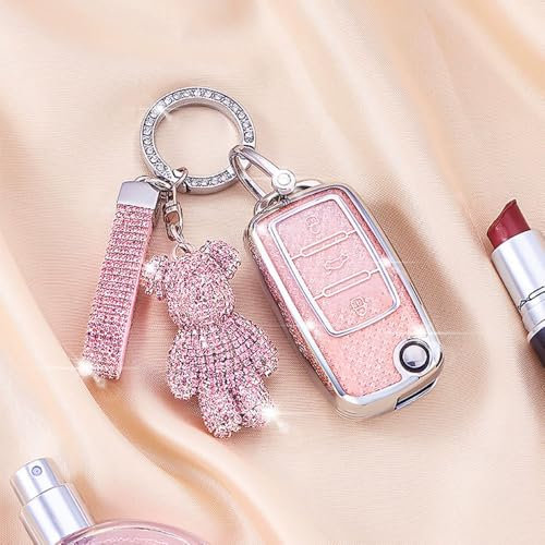 RXXR Coque de protection pour clé de voiture VW Volkswagen avec ours en diamant rose compatible avec Tiguan Passat Golf 4 5 6 Polo Beetle Jetta Touran Eos Scirocco