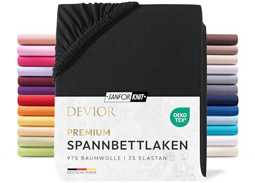 Devior Premium Spannbettlaken 140x200cm - 160x220cm für Boxspringbetten bis 32cm, 97% Baumwolle & 3% Elastan, Schwarz – 190 g/m² Anti-Statisches, atmungsaktives Bettlaken mit Einlaufschutz