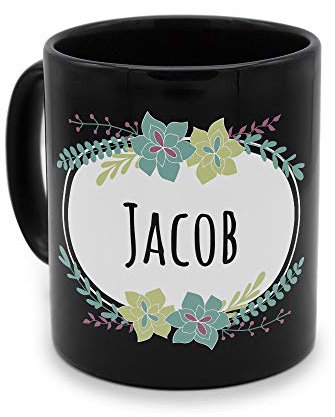 printplanet - Tasse Schwarz mit Namen Jacob - Motiv: Flowers - Namenstasse, Kaffeebecher, Mug, Becher, Kaffeetasse
