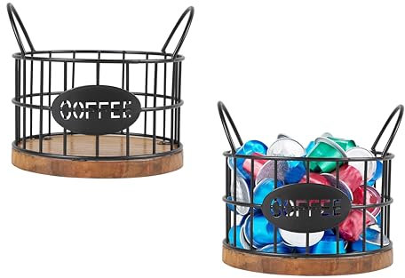 Gzsekken Coffee Pod Organizer,2 Pack Coffee Storage Basket for Counter Small Coffee Pod Storage Holder with Wooden Base,Black Wire Pods Storage Basket K Cup Holder,Bar Station Organizer 13cm x 13.5cm