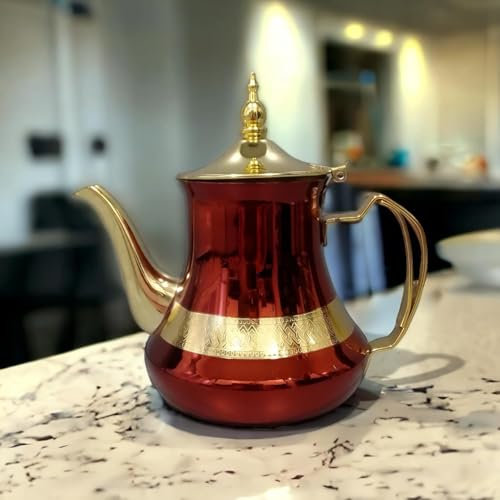 Tetera de te marroqui hecha en Acero Inoxidable Decorada con Filtro Integrado y asa Auténtica Tradicional Modelo Grabado con Diseño Clásico Arabe de 1800ml (DORADA)