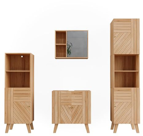 Vicco Ensemble de Meubles de Salle de Bains Lucie, Bambou, 4 pièces, avec Armoire de Milieu et Armoire Haute