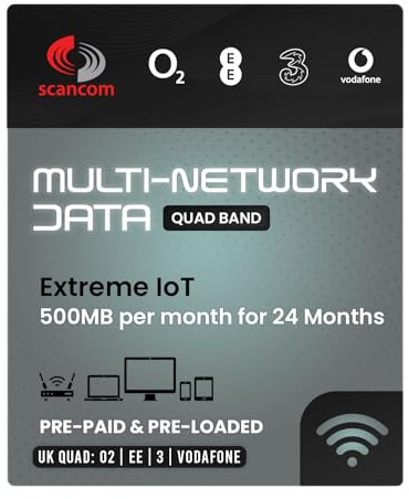 IoT Multi-Network Data Sim Card - Automatic Monthly Data renewed for 2 years - Preloaded with EE, Three, O2 & Vodafone (500MB per month for 24 months)