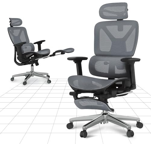 FLEXISPOT ErgoX Pro Chaise Bureau avec Repose-Pieds, Accoudoirs 3D, Chaise Ergonomique en Maille Pivotante, Réglable en Hauteur avec Appuie-tête et Soutien Lombaire Indépendant, Gris