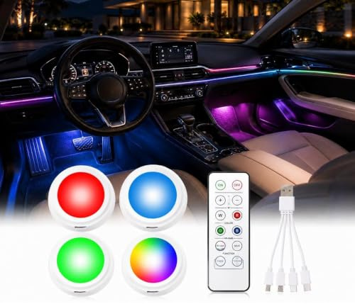 Minsezhi Éclairage d'Ambiance LED Intérieur Voiture,Kit de 4 Lampes Sans Fil avec Télécommande,16 Couleurs RGB,Rechargeable USB,Magnétique pour Plancher Habitacle Décoration Auto
