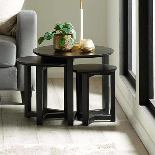 Julian Bowen Nidri Nest of Tables, Set of 3, Black - H42 x W50cm | Modern Nesting Tables for Living Room, Solid Oak, No Assembly Needed, Space-Saving Nesting Design