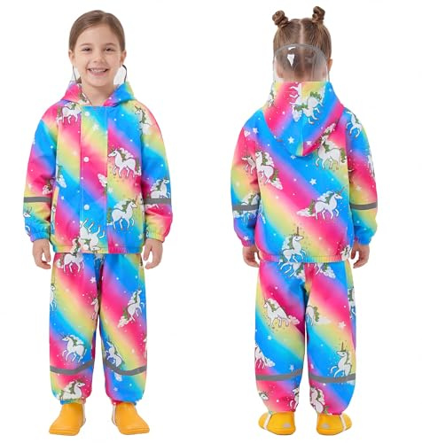 FILOWA Tuta Impermeabile con Cappuccio Bambini Leggero Tuta, 1-7 anni | Antipioggia Giacca & Pantaloni Impermeabili, Strisce Riflettenti, Pioggia Completo Abbigliamento per Bambino Bambina