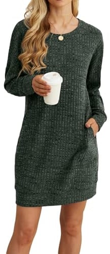 PrinStory Damen Pullover Kleid Freizeitkleider Rundhalsausschnitt Sweatkleid Mit Seitentaschen