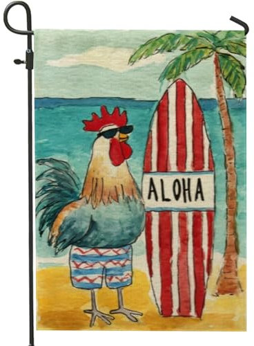 Drapeau de jardin en forme de coq tropical, décoration de plage colorée avec planche de surf Aloha, drapeau d'été double face pour décoration de fête en plein air, 30,5 x 45,7 cm