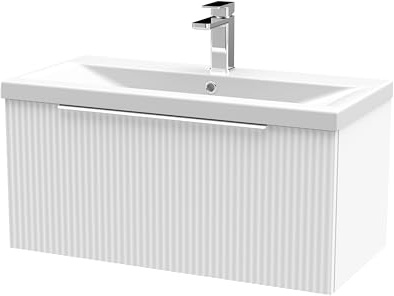 Balterley Fluted Front Wall Hung 1-Drawer Bathroom Vanity Unit with 1 Tap Hole Basin, 800mm, Satin White, Chrome Handles
