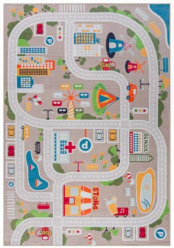 Mazovia Spielteppich Kinderzimmer 140x200cm Straßen Pflegeleicht rutschfest | Kinderteppich für Schlafzimmer Spielzimmer Jungen Maschinenwaschbar Allergikerfreundlich Tierfreundlich Kurzflor Synthetisch