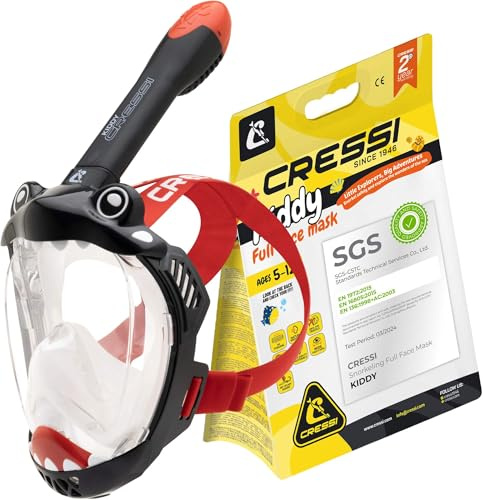 CRESSI Kiddy Kids Full Face Mask Black/Clear/Red- Maschera Integrale Progettata Appositamente per i Bambini, Antiappannamento, Valvola di Scarico e Snorkel Dry, Nero/Trasparente/Rosso