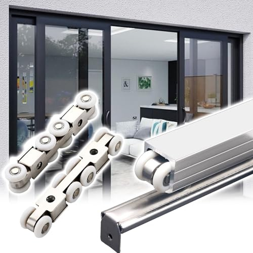 corridoio di Porte Scorrevole Kit Porta a Doppia Anta a Scomparsa con Tappetino anticollisione, Binario per Porta Scorrevole per corridoio/Magazzino/soffitta, capacità 200 kg/m(Silver,88/224cm)