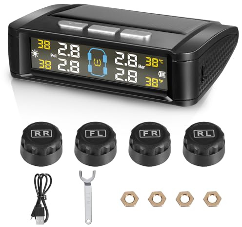 VIHBRAI TPMS Reifendruckkontrollsystem 4 Externe Sensoren, Solar & USB Aufladbar, LCD Display Echtzeit-Überwachung 0-6 Bar für Auto SUV LKW Wohnmobil