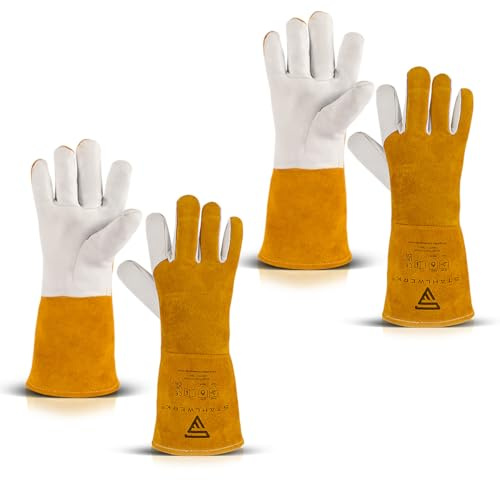 STAHLWERK Schweißerhandschuhe Rindspaltleder – 2 Paar – Einheitsgröße 34 cm | Hitze- und feuerbeständige Schweißhandschuhe für WIG, MIG/MAG, MMA, Plasma | Unterarmschutz | nahtloser Daumen-Übergang