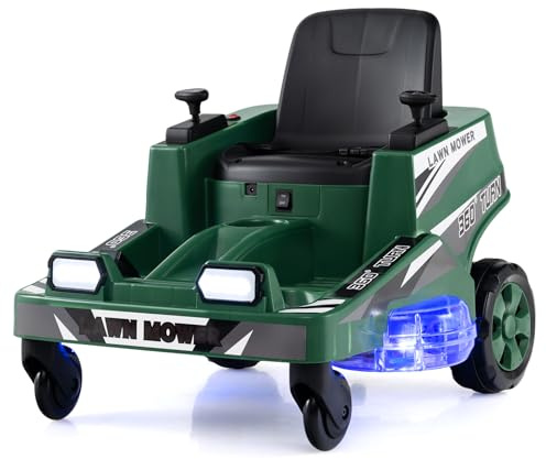 COSTWAY 12V Ride on Lawn Mower for Kids, 2 Motors Electric Car with 360° Twist and Turn, Dual Control Sticks, LED Lights, Outdoor Ride on Toy for 3-8 Years Old (Green)