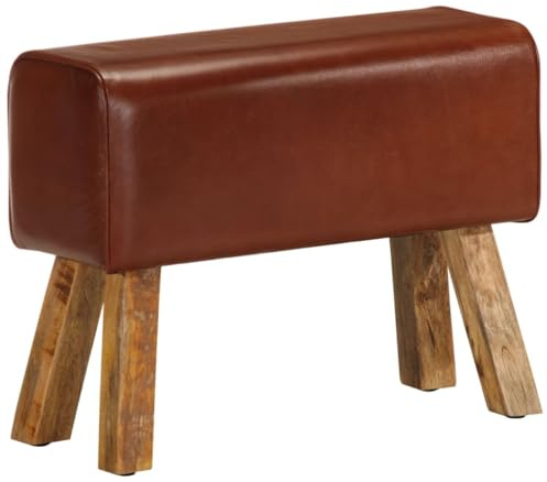 RCODSSK Bockbank aus Echtleder und Mangoholz im Vintage Turnbock-Design, braune Ledersitzbank für das Wohnzimmer mit Massivholzbeinen