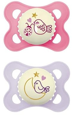 MAM Original Night Schnuller im 2er-Set, leuchtender & zahnfreundlicher Baby Schnuller aus nachhaltigen & bio-erneuerbaren Materialien, mit Schnullerbox, 0-6 Monate, Vogel/Mond