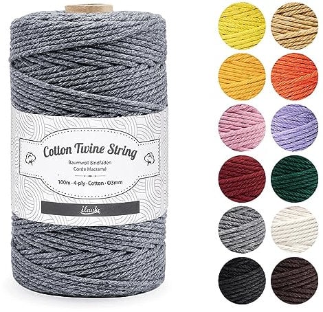 Makramee Garn 3mm Grau,ilauke 100m Strickarbeiten Kettgarn Baumwollschnur,Baumwollgarn Kordel 4-lagig Baumwollschnur Makramee Super für Handtasche, Blumenampel, Traumfänger Dekokordel,Stricken,Grau