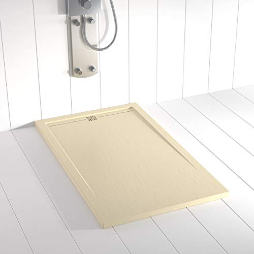 Shower Online Plato de ducha Resina FLOW - 70x170 - Textura Pizarra - Antideslizante - Todas las medidas disponibles - Incluye Rejilla Color Crema y Sifón - Crema RAL 1015