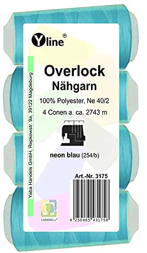 4 Stück Spulen Overlock - Nähgarn, neon blau, a. 2743 m, NE 40/2, 100% Polyester, Nähfaden, Nähmaschinen Garn, (0,01 € / 10 m), 3175