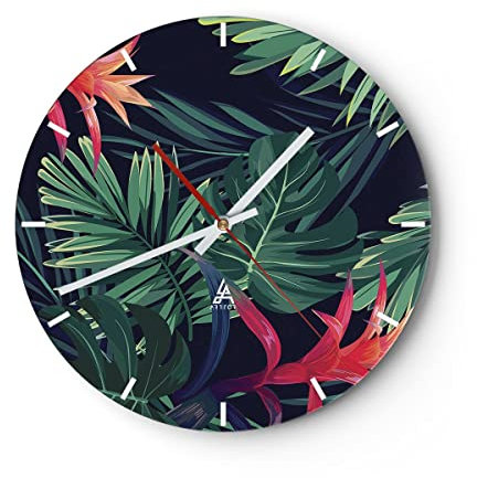 Modern Wanduhr Exotisch Blumen Blätter 40x40cm Rund Groß Wand Uhr Glas Analog Zimmeruhren Küche Büro Wohnzimmer Glasuhr Wall Clock Dekoration Design Wanddekoration Küchenuhr C3AR40x40-4308