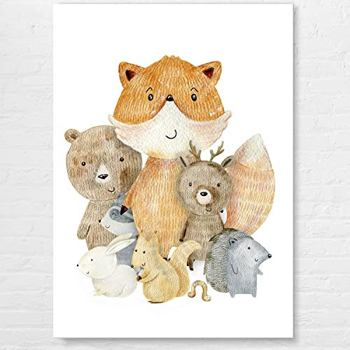 Wunderschönes Kinderzimmer Leinwand-Bild Wald-tiere, für Mädchen & Jungs zur Deko | 50x70cm großes Wandbild | auf schadstofffreiem STANDARD 100 by OEKO-TEX® geprüften Leinwandstoff - aufhängefertig