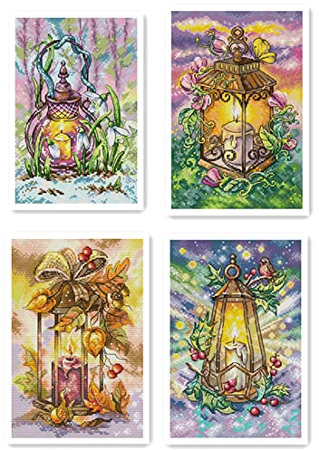 4 Stück Awesocrafts Kreuzstich Stickpackungen Vorgedruckt vier Jahreszeiten: Frühling, Sommer, Herbst und Winter Bilder Vorlagen Sticken Set Vorgedruckt 11CT 3 Stränge