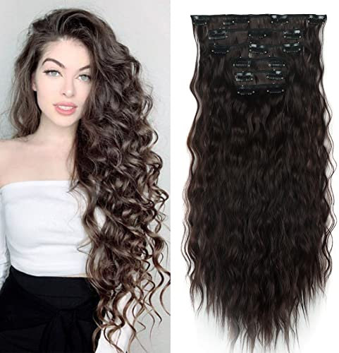 Gairyan Clip in Extensions wie Echthaar günstig Haarteile Mittel Braun 6 Teile Set 50cm Haarverlängerung Haarteile Clip in Extension Synthetische Gewellt Clip in Haare Extension Wellig Lang Lockig