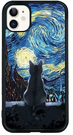 Schwarze süße Katze iPhone 11 Hülle – 6,1 Zoll Van Gogh Süße Katze iPhone Hülle, rutschfestes Muster Design und Stoßdämpfung, weiche Silikagel-Rahmenunterstützung, schwarze Handyhülle für